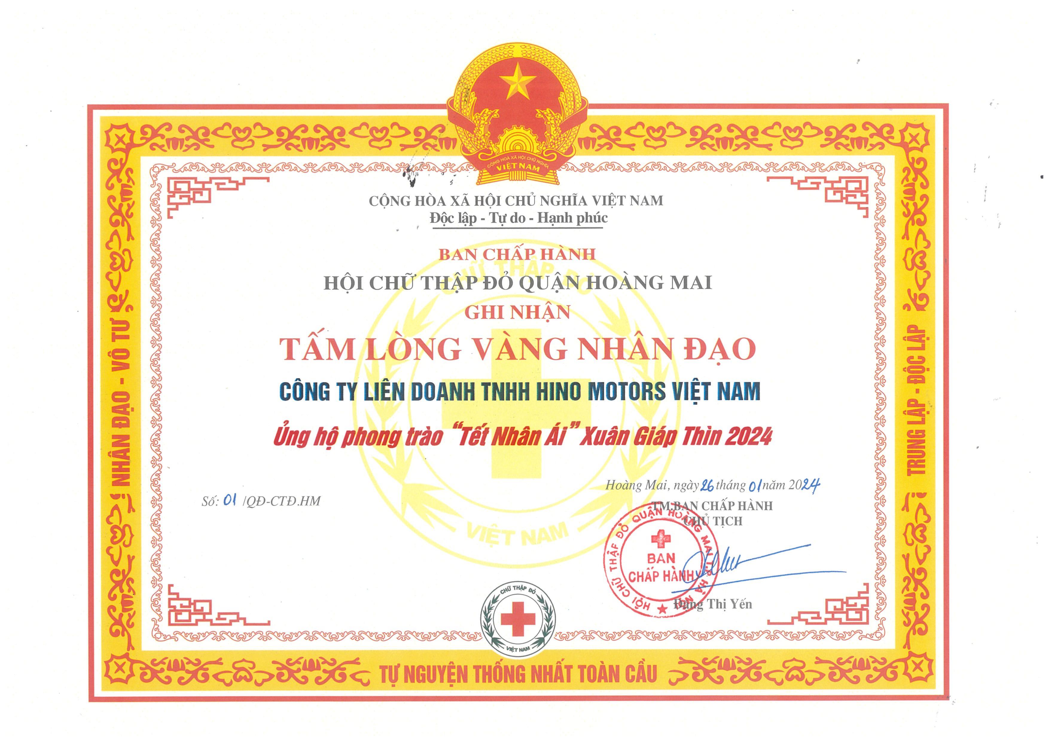 Ghi nhận Tấm lòng vàng nhân đạo cho Hino Motors Việt Nam.